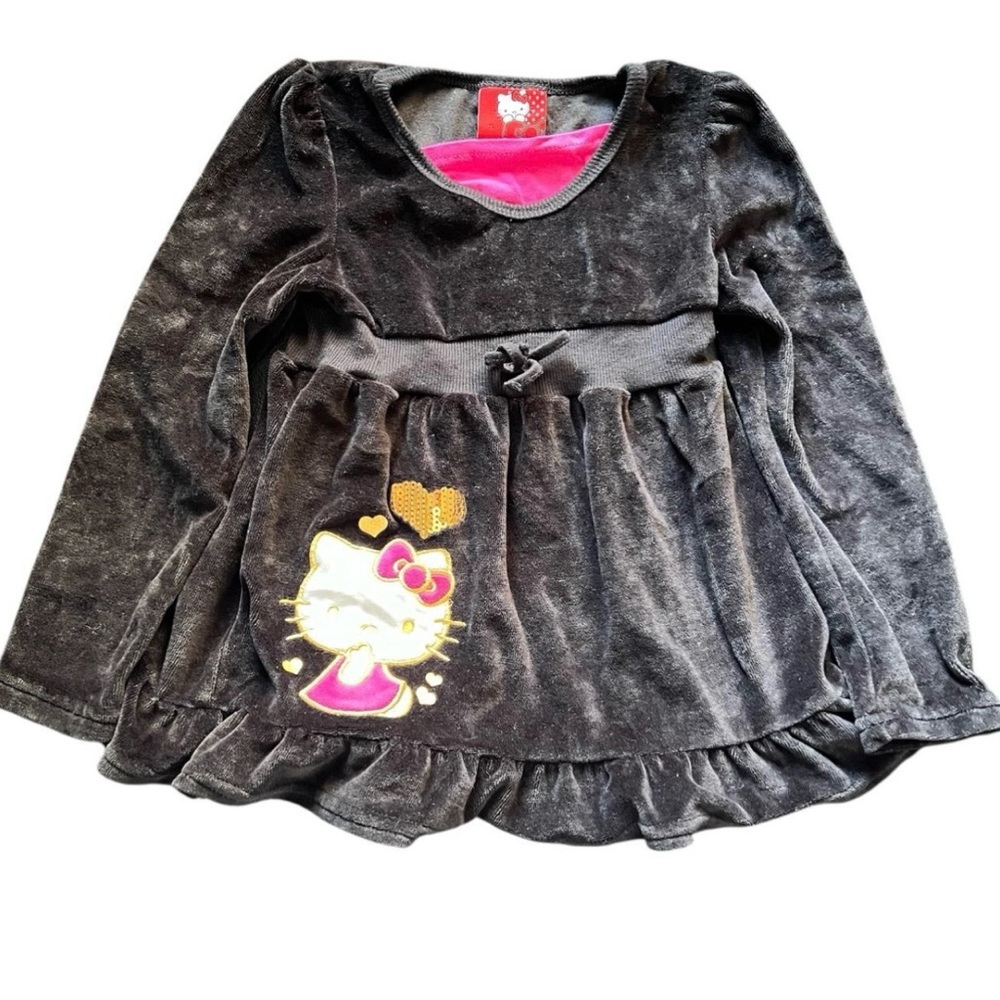 Hello Kitty Sanrio Velour Dress Sequin Patch Black Pink Girls Size 5